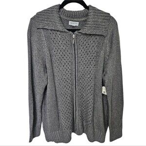 NWT Great Northwest Womens Plus Thick N Thin Pointelle Knit Zip Up Cardigan 1X